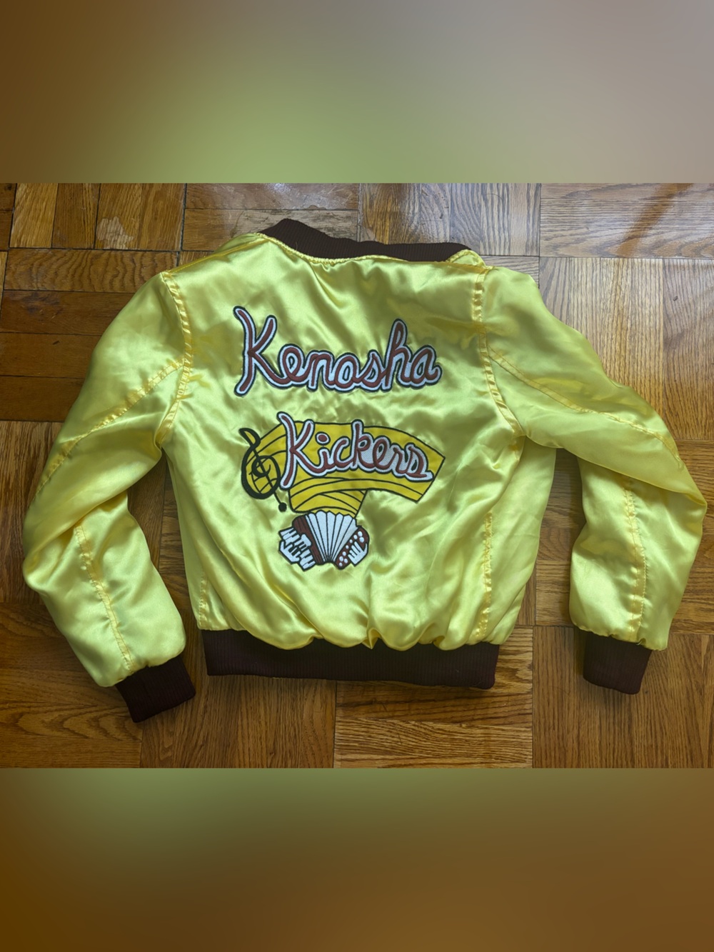 Vintage Home Alone Gus Polinski Kenosha Kickers Yellow Satin Bomber Jacket